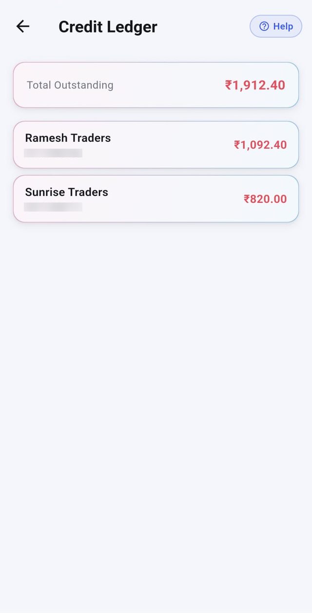Vanij credit ledger showing customer Udhaar balance
