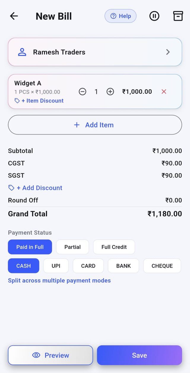 Vanij new bill screen with GST calculation